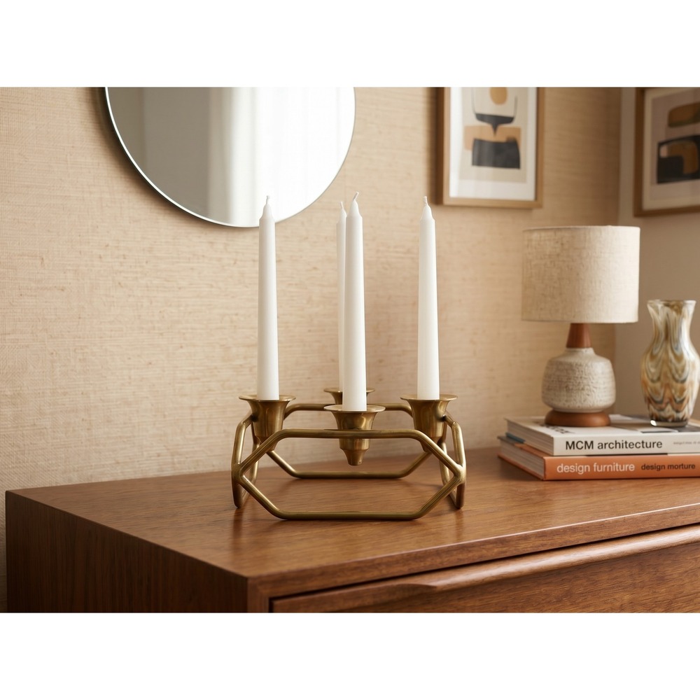 Vintage Brass Candelabra Geometric Mid Century Modern 4 Taper Candle Holder